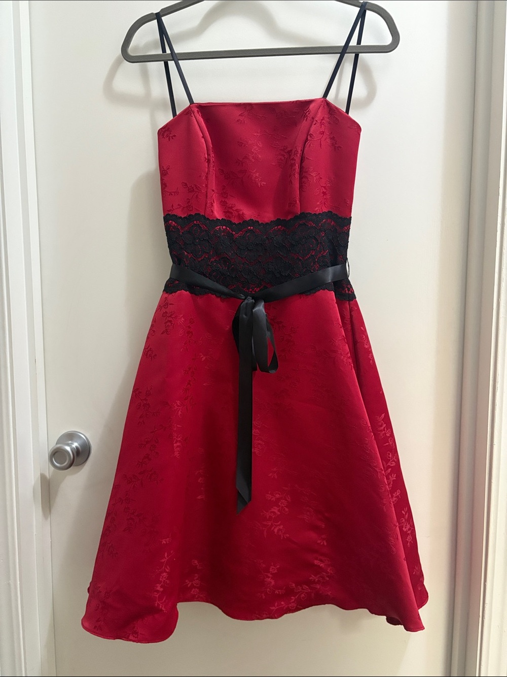 Urban Girl Nites Red Satin Fit-and-Flare Dress with Black Lace Waist